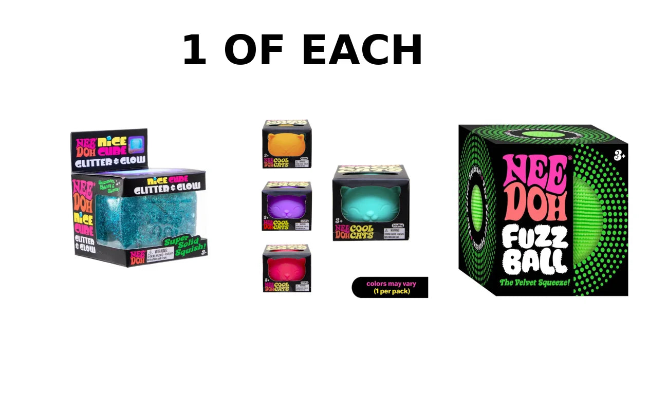 Glitter Cube, Cool Cat and Fuzz Ball. 1 Cube, 1 Cat,1 Fuzz Ball. Random Colors.